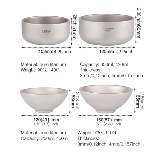 TI ARTISAN,Outdoor pure titanium children's rice bowl,250ML*450ML - Image 2