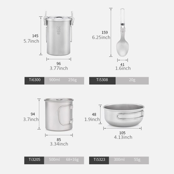KEITH,Outdoor pure titanium single soldier set,900ML+500ML+300ML - Image 2