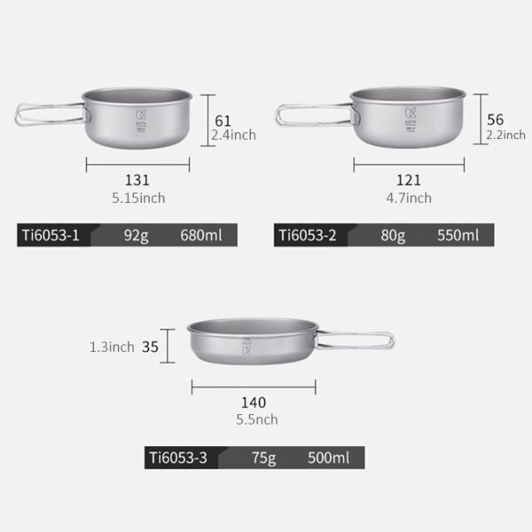 KEITH,Outdoor pure titanium pot, camping folding pot set, lunch box, frying pan, suitable for 1-2 people,500ml+550ml+680ml - Image 2