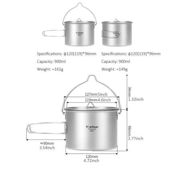TI ARTISAN,Outdoor pure titanium single pot, 900ML&1100ML&1600ML - Image 2