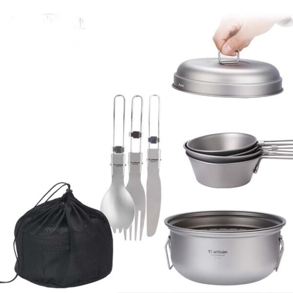 TI ARTISAN,Outdoor pure titanium pot set, camping steamer, picnic soup pot, titanium bowl, meal cookware set, titanium large capacity pot,2100ML