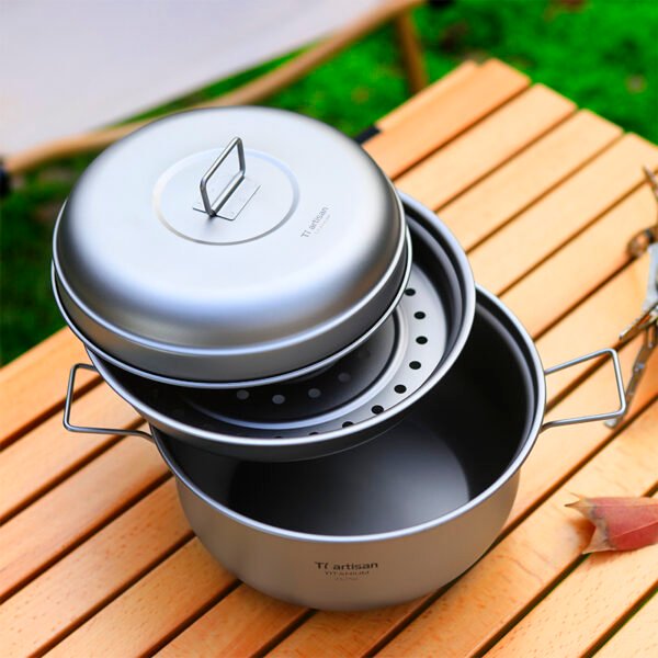 TI ARTISAN,Outdoor pure titanium pot set, camping steamer, picnic soup pot, titanium bowl, meal cookware set, titanium large capacity pot,2100ML - Image 6